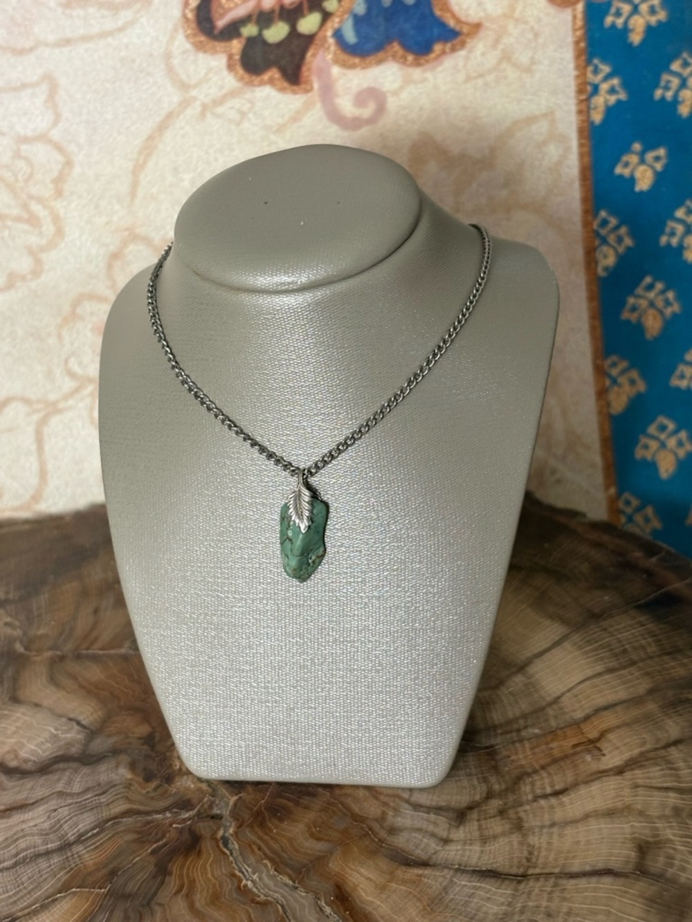 Green Turquoise Pendant Necklace with Silver Leaf Bail